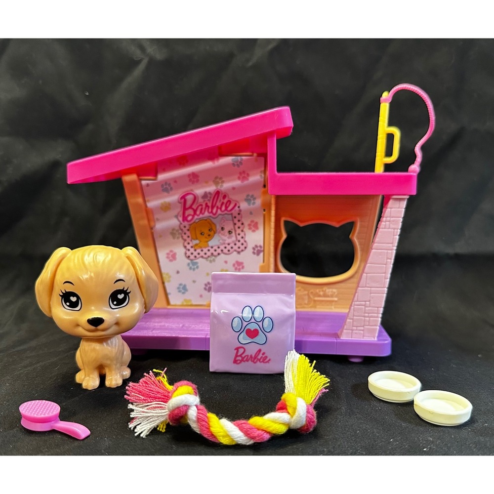 Barbie Pet Care Play Set Tan Puppy Dog House Food Bowls Grooming Brush Toys